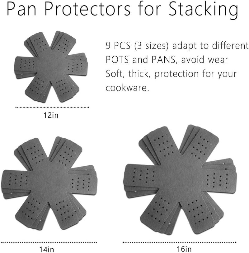 VANWYCHEN Pot and Pan Protectors 9 Pcs (12" 14" 16"), Gray Pan Protectors for Stacking, Pots and Pans Dividers, 3 Different Sizes, Avoid Scratching Cookware Protectors - Image 2
